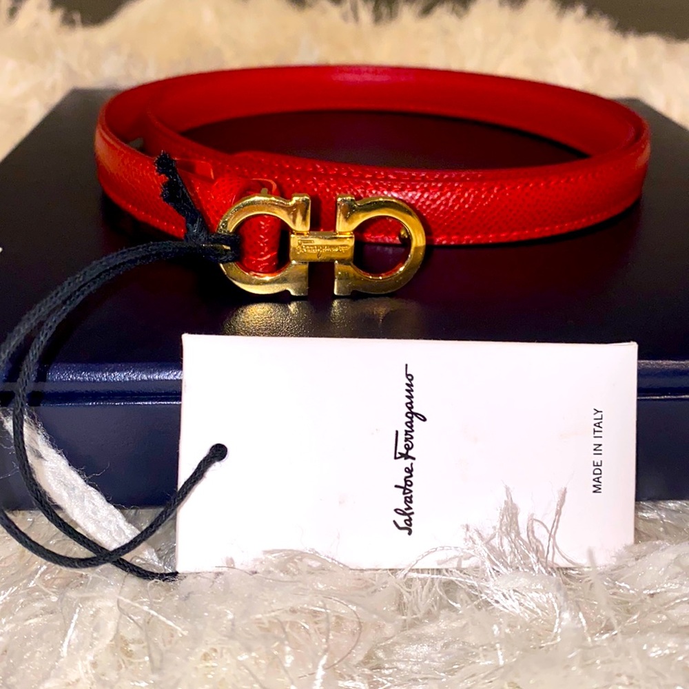 Salvatore Ferragamo Red Gancini Skinny Belt